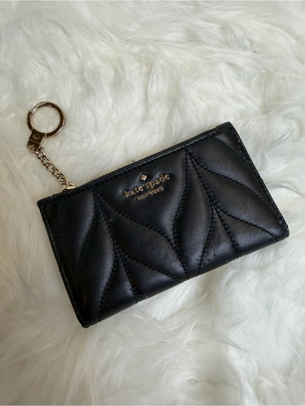 Kate Spade New York Black Quilted Leather Snap Wallet Coin Pouch Key Ring